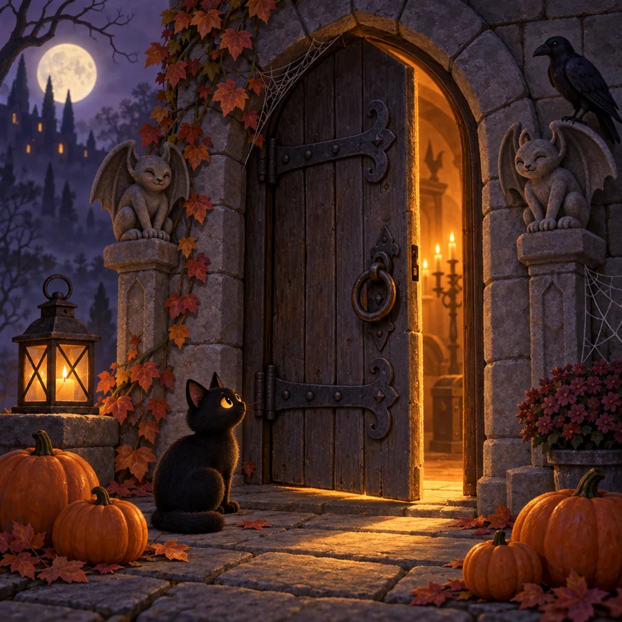 An old crypt door with warm light spilling out