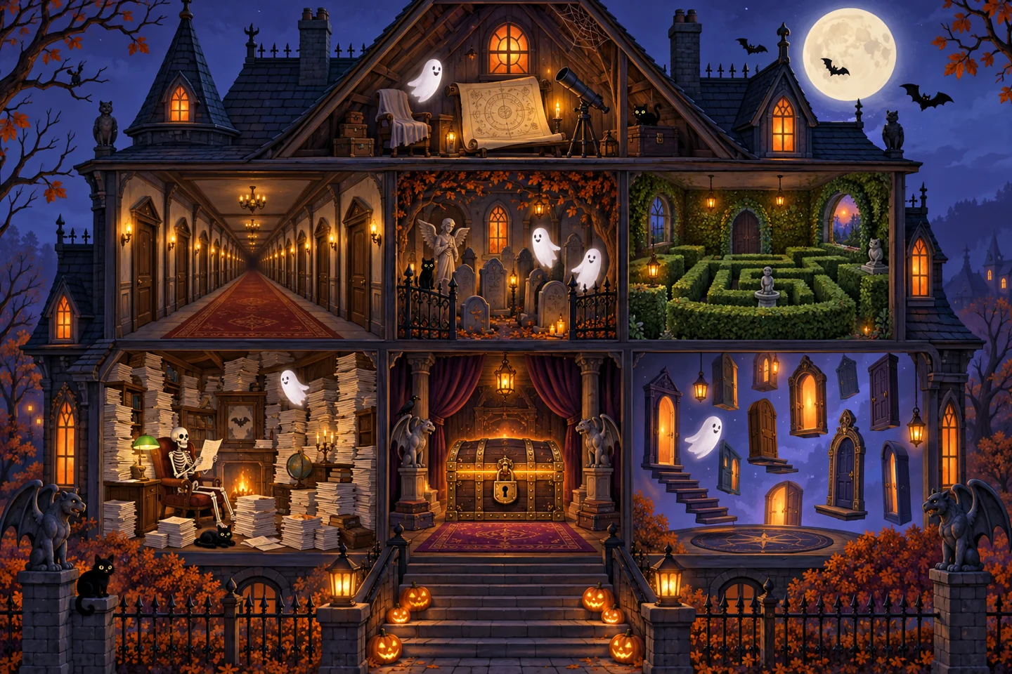 A haunted house with its front wall removed, showing seven spooky rooms
