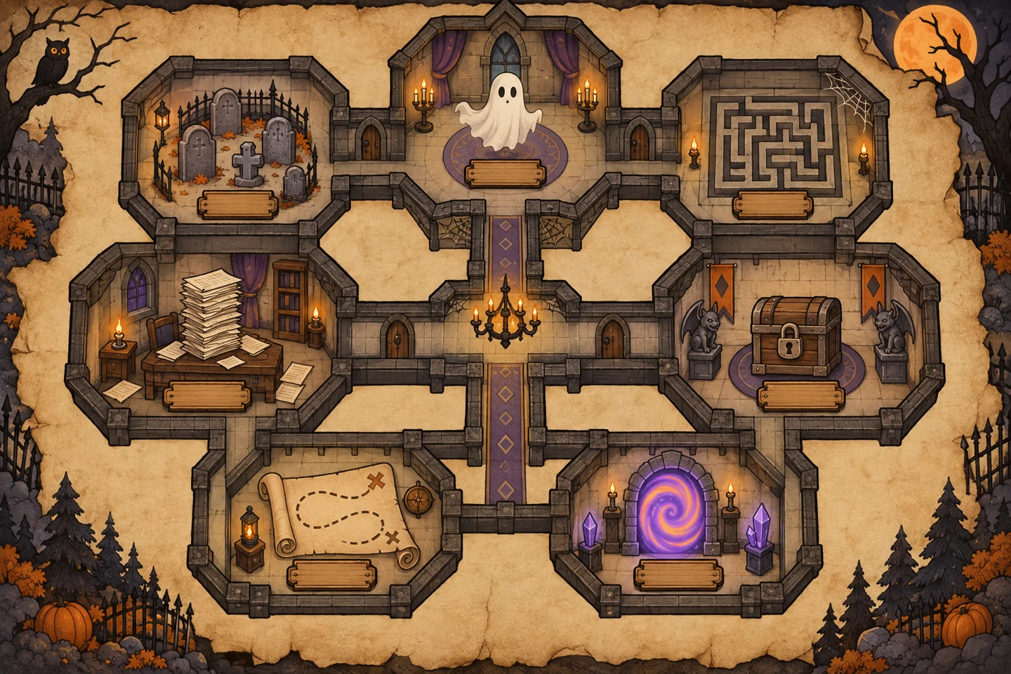 A haunted mansion floor plan drawn like an old treasure map, with seven rooms