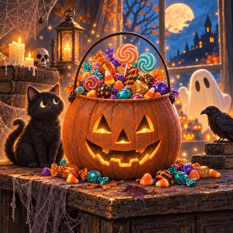 The same pumpkin bucket, now full of colorful candy