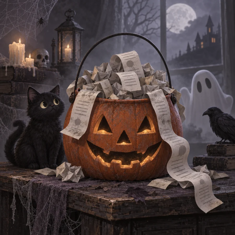 A pumpkin bucket stuffed with paper slips and long receipts