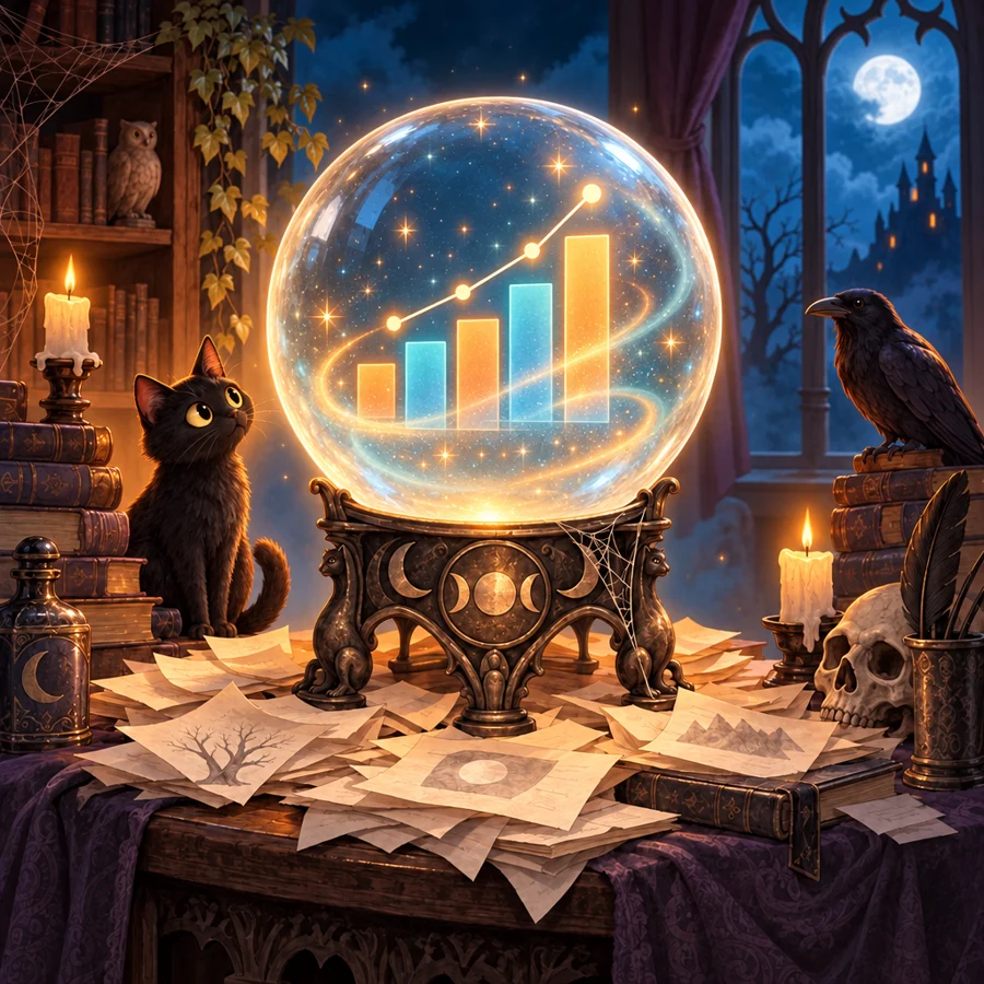The same crystal ball, now clear and glowing with a simple chart inside
