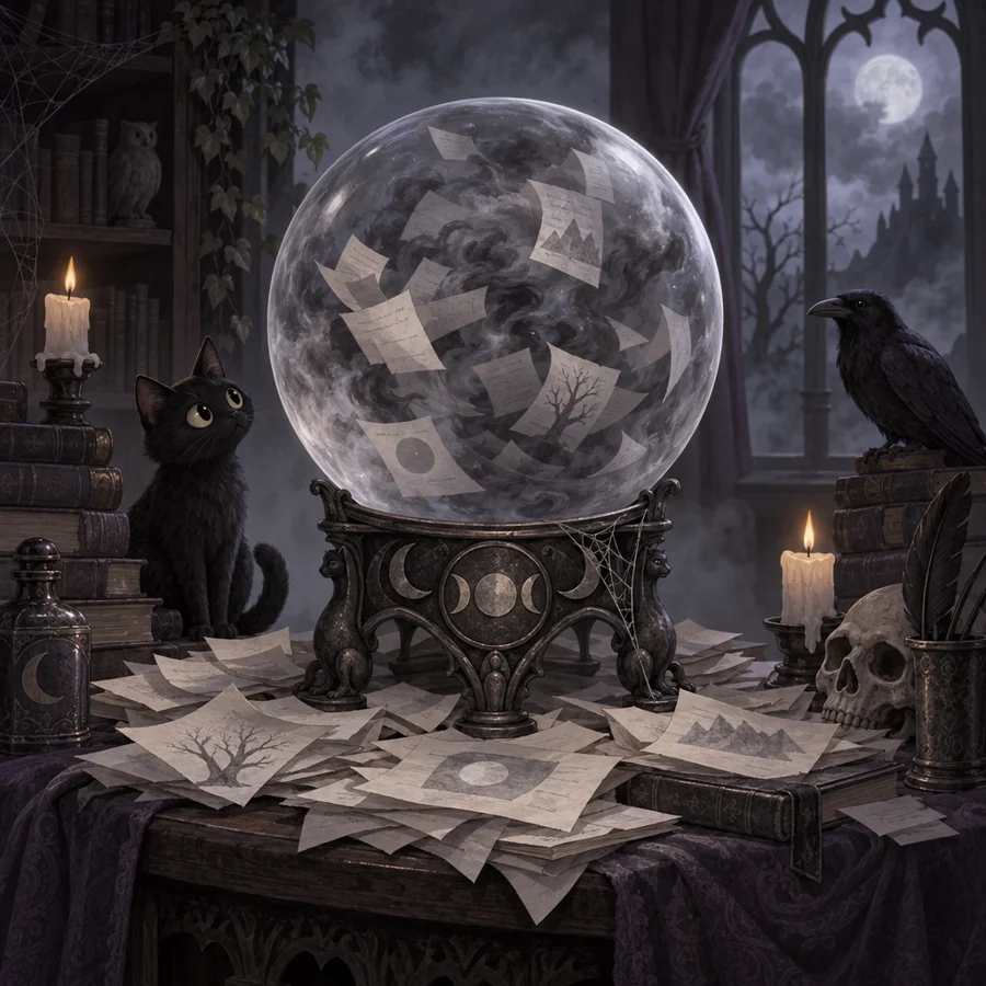 A cloudy crystal ball full of gray smoke and tumbling papers