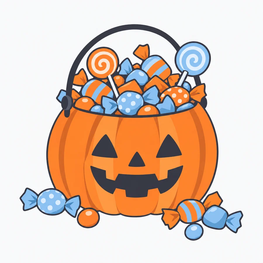 The same pumpkin bucket, now full of colorful candy