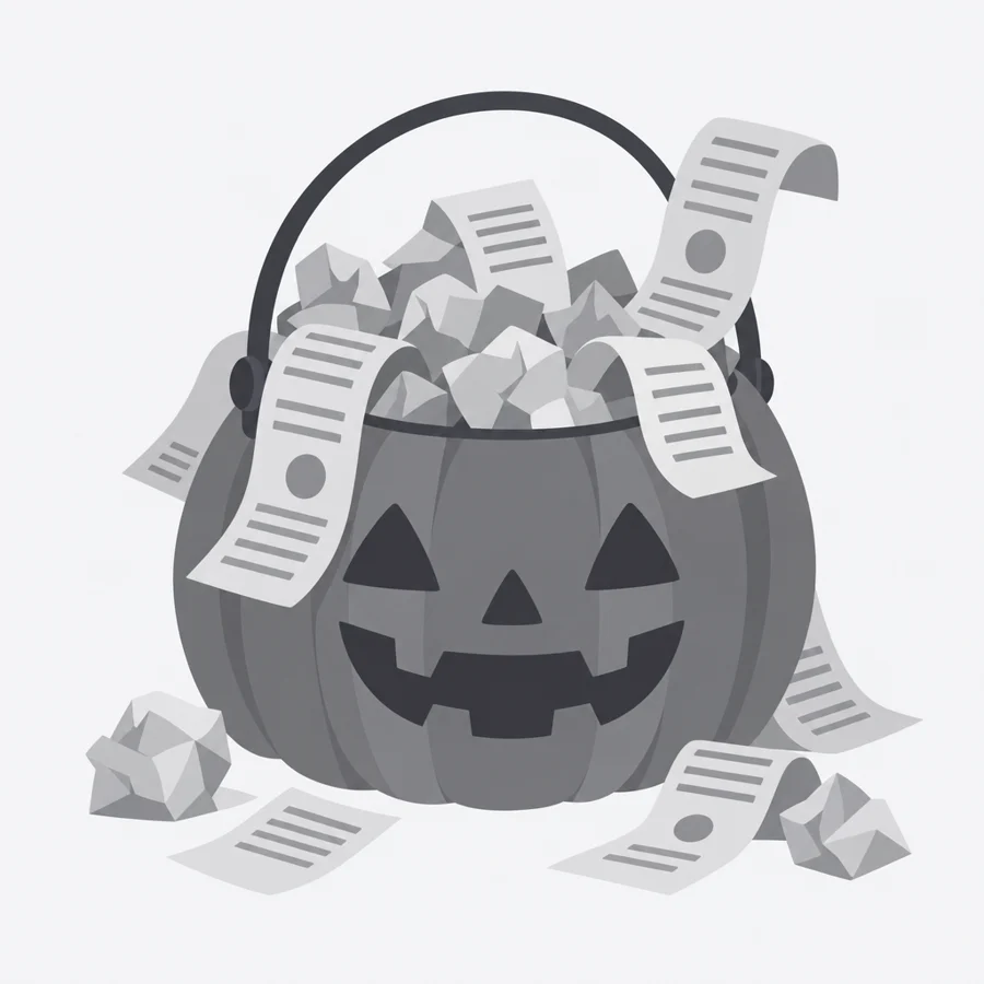 A pumpkin bucket stuffed with paper slips and long receipts