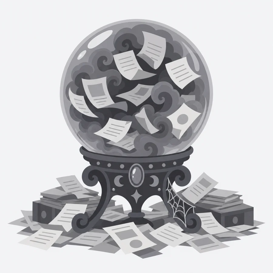 A cloudy crystal ball full of gray smoke and tumbling papers
