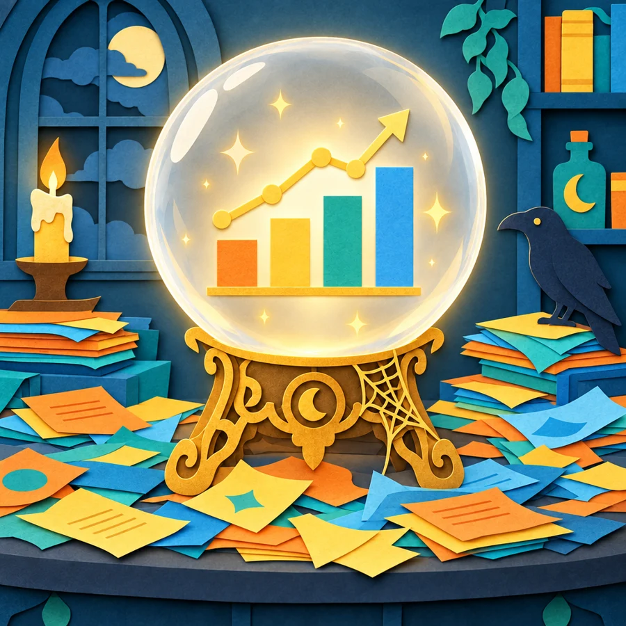 The same crystal ball, now clear and glowing with a simple chart inside