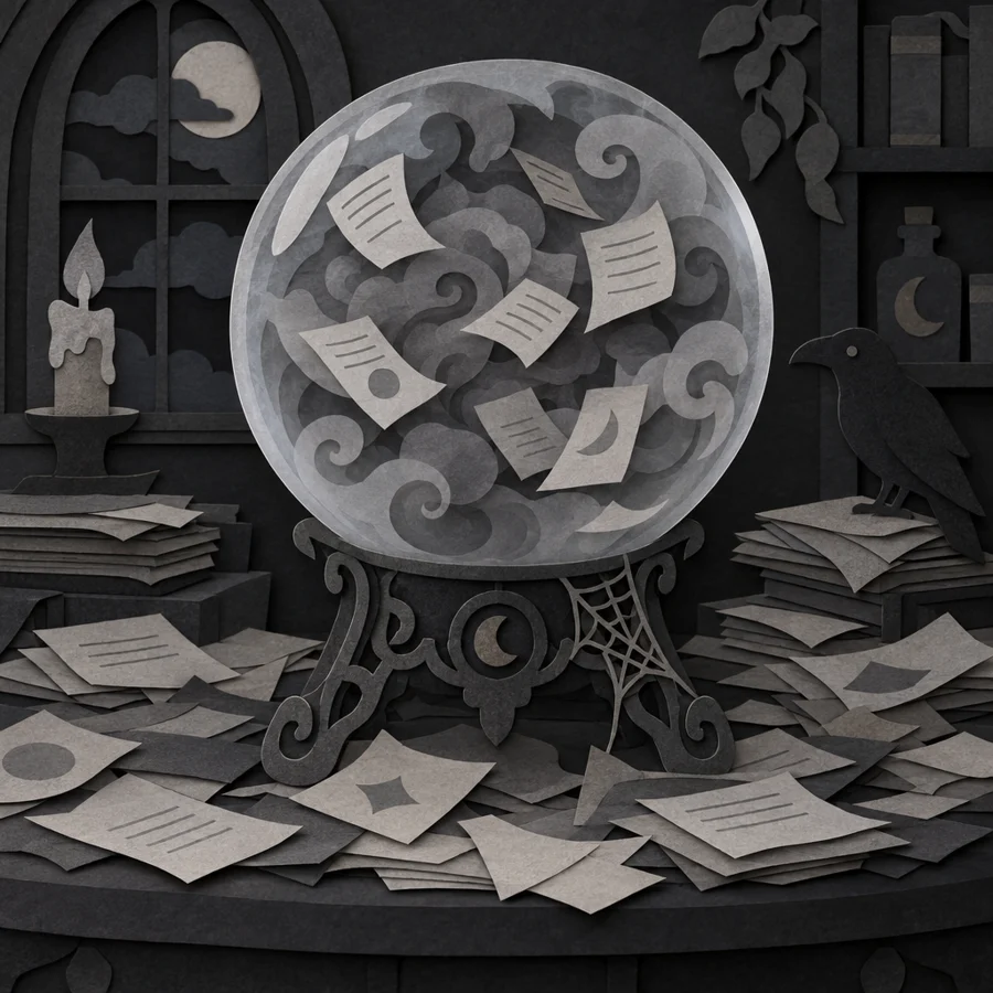 A cloudy crystal ball full of gray smoke and tumbling papers