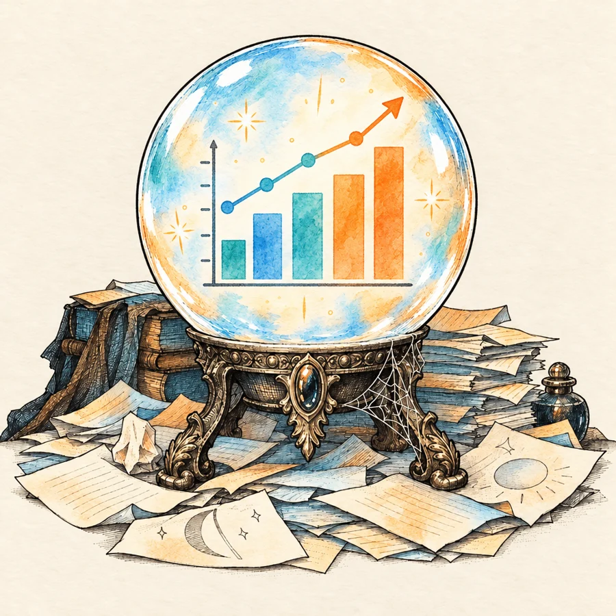 The same crystal ball, now clear and glowing with a simple chart inside
