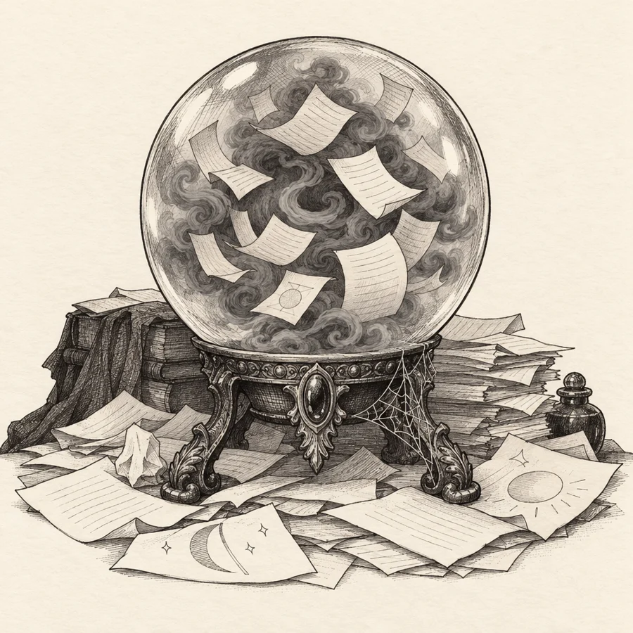 A cloudy crystal ball full of gray smoke and tumbling papers